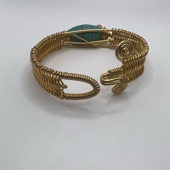 Gold Toned Wire Bracelet/Cuff With Turquoise Stone - Picture 7 of 8